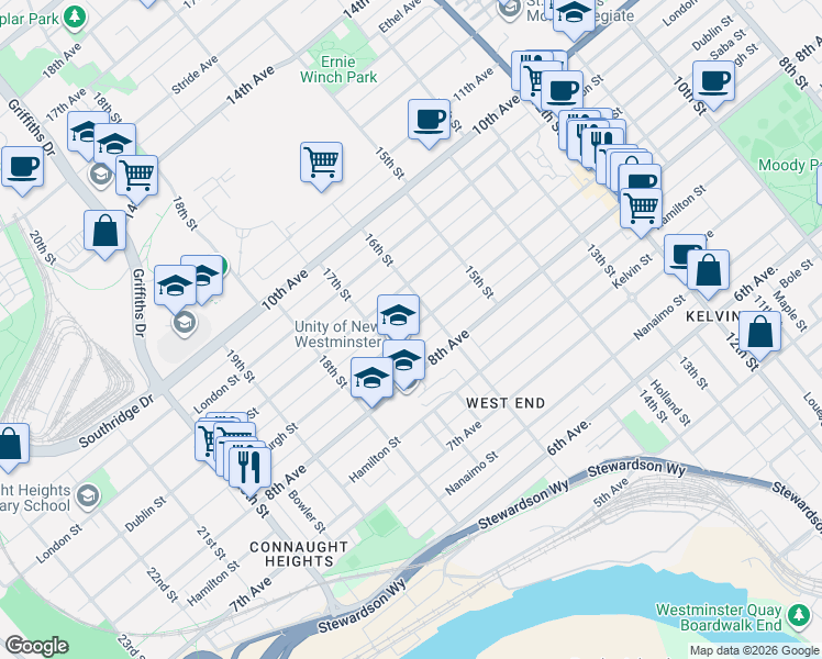 map of restaurants, bars, coffee shops, grocery stores, and more near Edinburgh Street in New Westminster