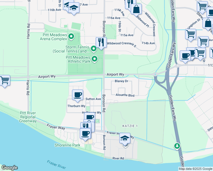 map of restaurants, bars, coffee shops, grocery stores, and more near 11256 Bonson Road in Pitt Meadows