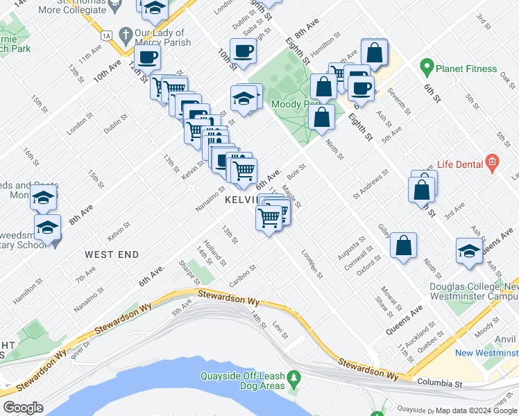 map of restaurants, bars, coffee shops, grocery stores, and more near 1128 6th Avenue in New Westminster