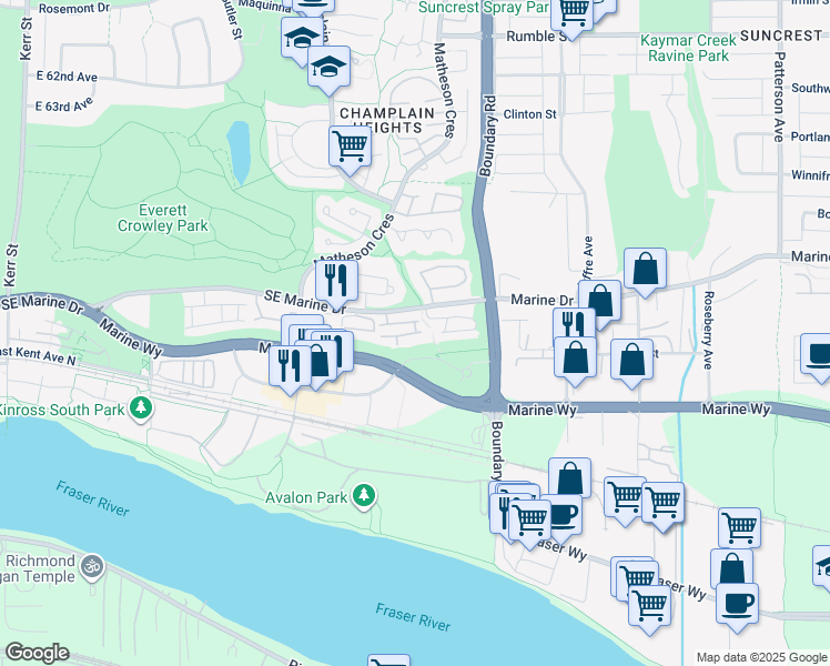 map of restaurants, bars, coffee shops, grocery stores, and more near 3586 Rainier Place in Vancouver