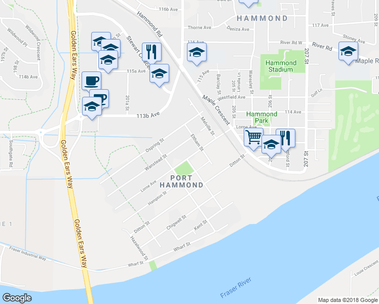 map of restaurants, bars, coffee shops, grocery stores, and more near 20315 Lorne Avenue in Maple Ridge