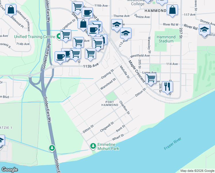map of restaurants, bars, coffee shops, grocery stores, and more near 20283 Wanstead Street in Maple Ridge