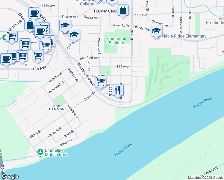 map of restaurants, bars, coffee shops, grocery stores, and more near 20616 113 Avenue in Maple Ridge