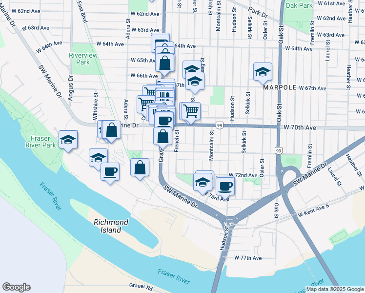 map of restaurants, bars, coffee shops, grocery stores, and more near in Vancouver