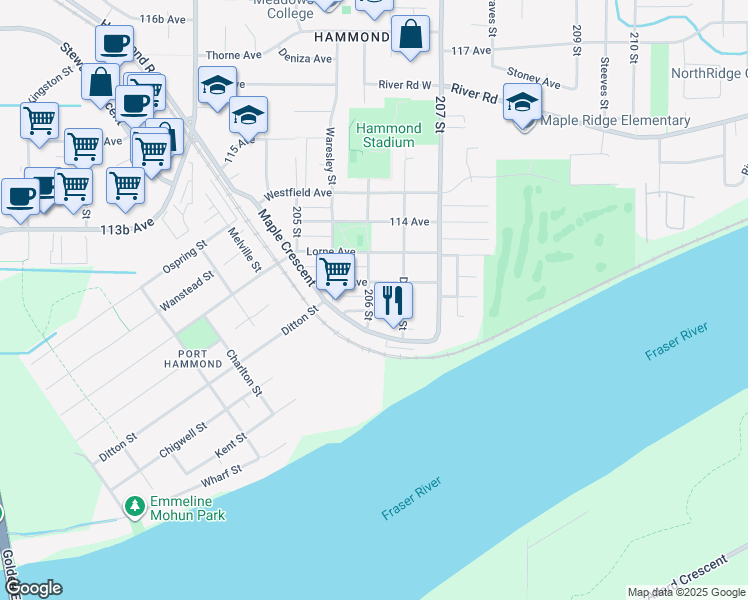 map of restaurants, bars, coffee shops, grocery stores, and more near 11278 206 Street in Maple Ridge