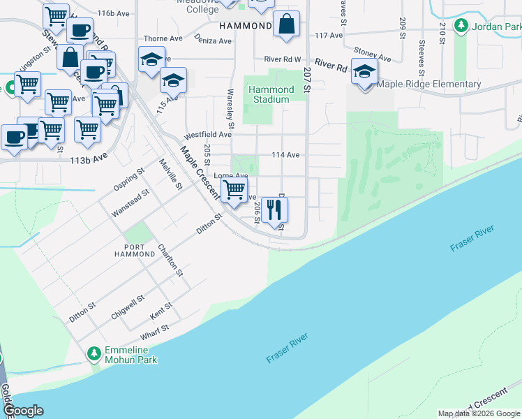 map of restaurants, bars, coffee shops, grocery stores, and more near 11278 206 Street in Maple Ridge