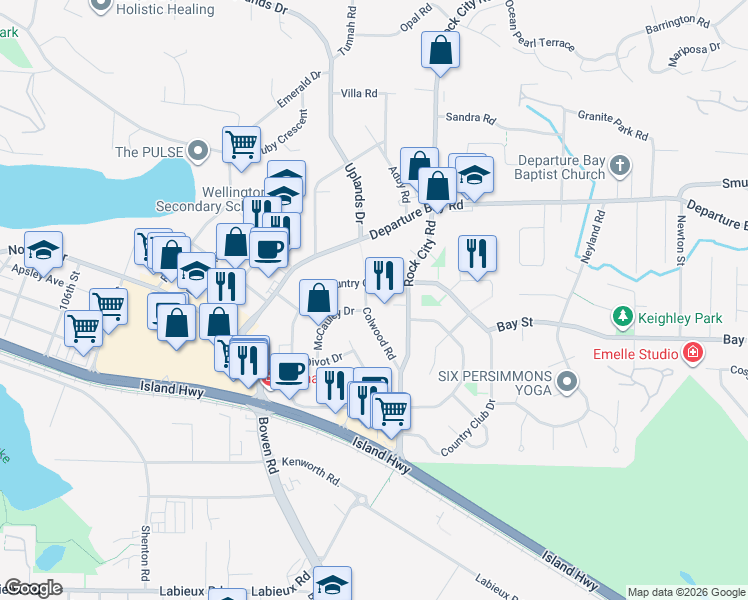 map of restaurants, bars, coffee shops, grocery stores, and more near 3519 Country Club Drive in Nanaimo