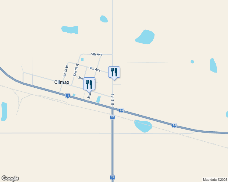 map of restaurants, bars, coffee shops, grocery stores, and more near 114 1st Street East in Climax