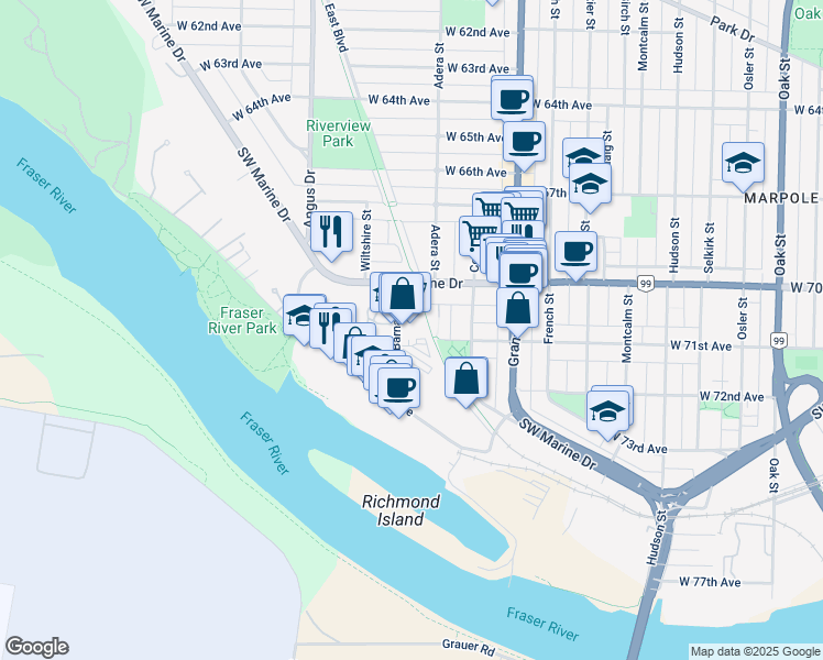 map of restaurants, bars, coffee shops, grocery stores, and more near in Vancouver