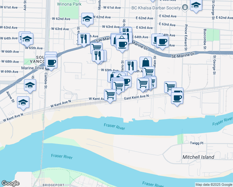 map of restaurants, bars, coffee shops, grocery stores, and more near 8495 Ontario Street in Vancouver