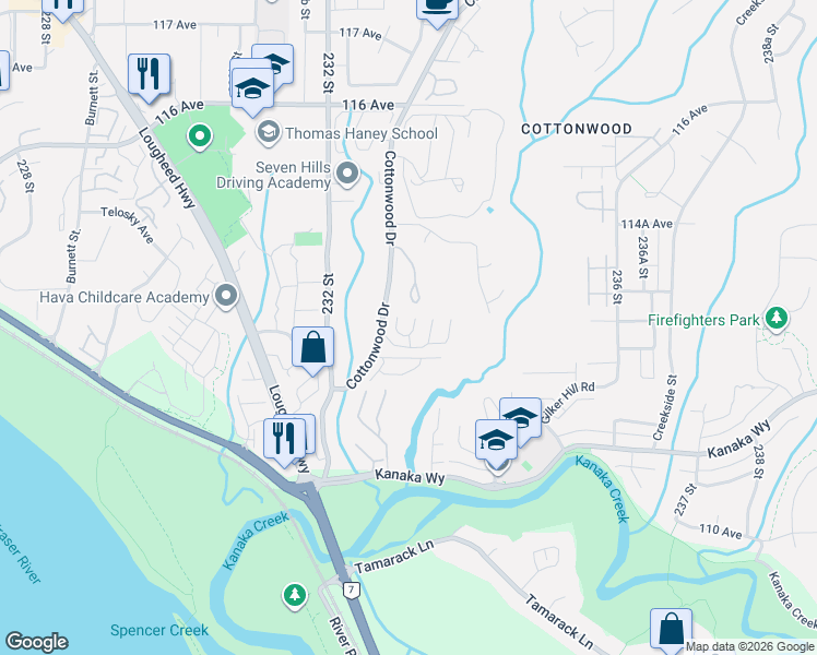 map of restaurants, bars, coffee shops, grocery stores, and more near 11282 Cottonwood Drive in Maple Ridge