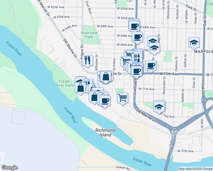 map of restaurants, bars, coffee shops, grocery stores, and more near 8680 Barnard Street in Vancouver