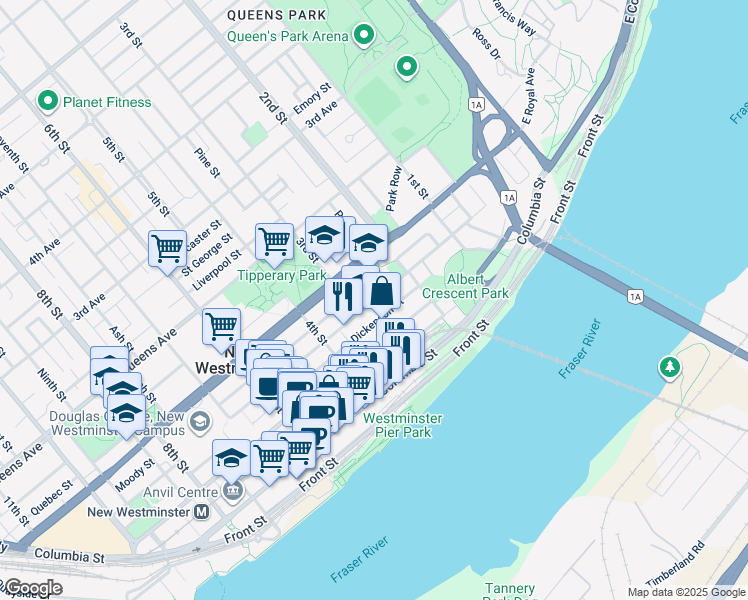 map of restaurants, bars, coffee shops, grocery stores, and more near 305 Agnes Street in New Westminster