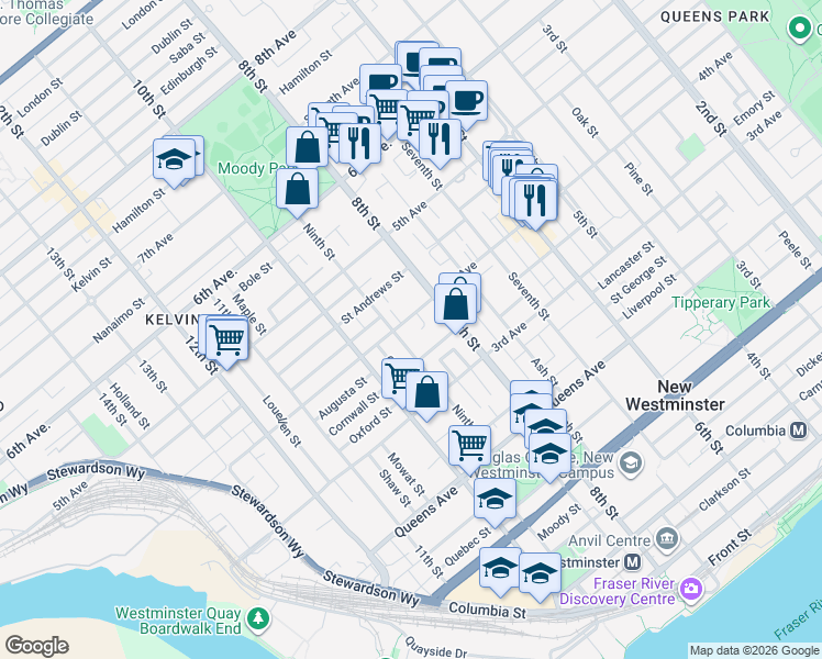 map of restaurants, bars, coffee shops, grocery stores, and more near 814 4th Avenue in New Westminster