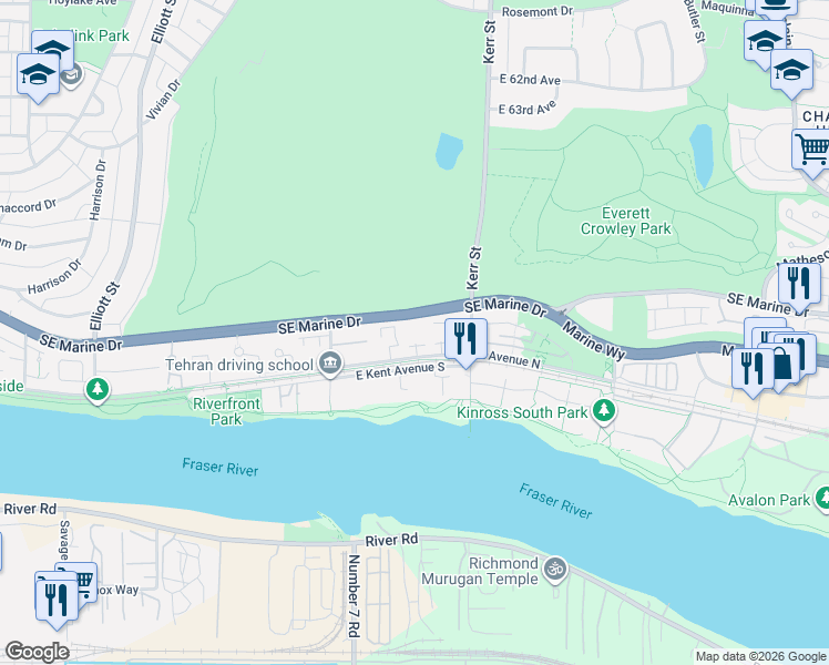 map of restaurants, bars, coffee shops, grocery stores, and more near 3061 East Kent Avenue North in Vancouver