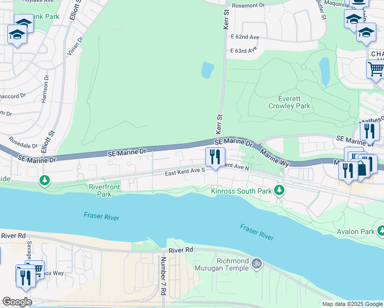 map of restaurants, bars, coffee shops, grocery stores, and more near 3061 East Kent Avenue North in Vancouver