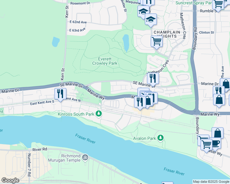 map of restaurants, bars, coffee shops, grocery stores, and more near 3350 Cobblestone Avenue in Vancouver