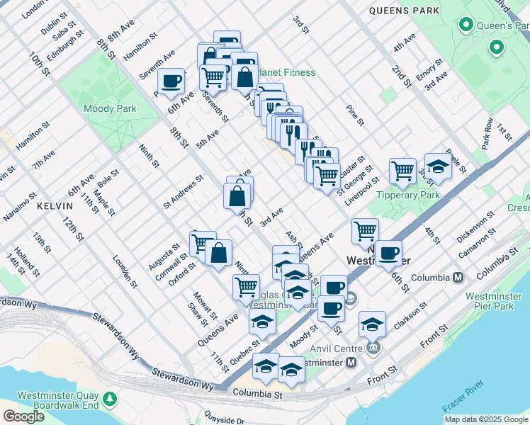 map of restaurants, bars, coffee shops, grocery stores, and more near 310 Ash Street in New Westminster