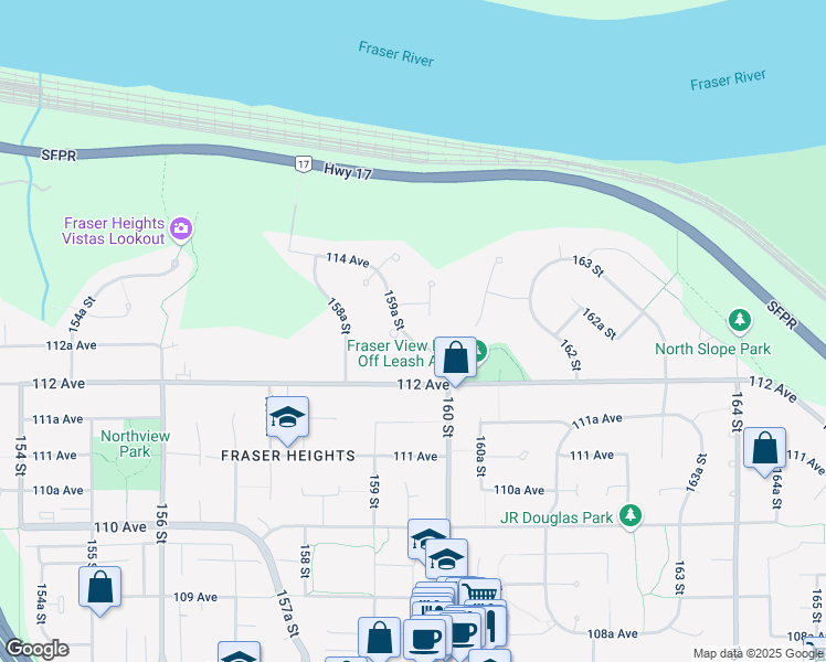map of restaurants, bars, coffee shops, grocery stores, and more near 11252 159A Street in Surrey