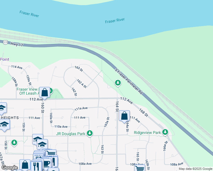 map of restaurants, bars, coffee shops, grocery stores, and more near 11255 164 Street in Surrey
