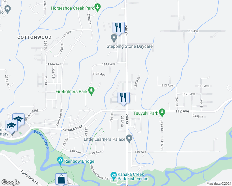 map of restaurants, bars, coffee shops, grocery stores, and more near 11299 240 Street in Maple Ridge