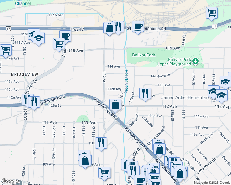 map of restaurants, bars, coffee shops, grocery stores, and more near 11267 133 Street in Surrey