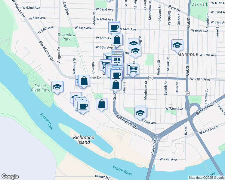 map of restaurants, bars, coffee shops, grocery stores, and more near in Vancouver