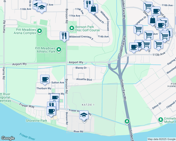 map of restaurants, bars, coffee shops, grocery stores, and more near 11259 Blaney Crescent in Pitt Meadows