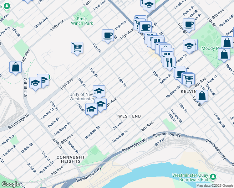 map of restaurants, bars, coffee shops, grocery stores, and more near 1515 8th Avenue in New Westminster