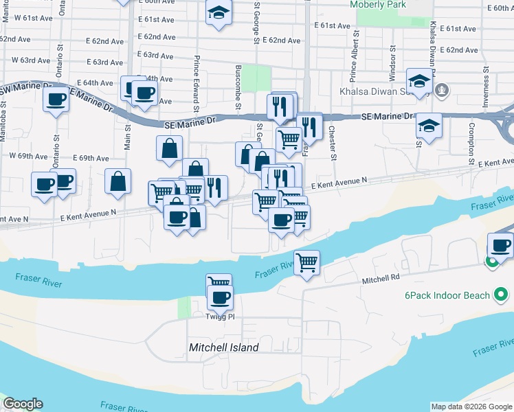 map of restaurants, bars, coffee shops, grocery stores, and more near 530 East Kent Avenue South in Vancouver