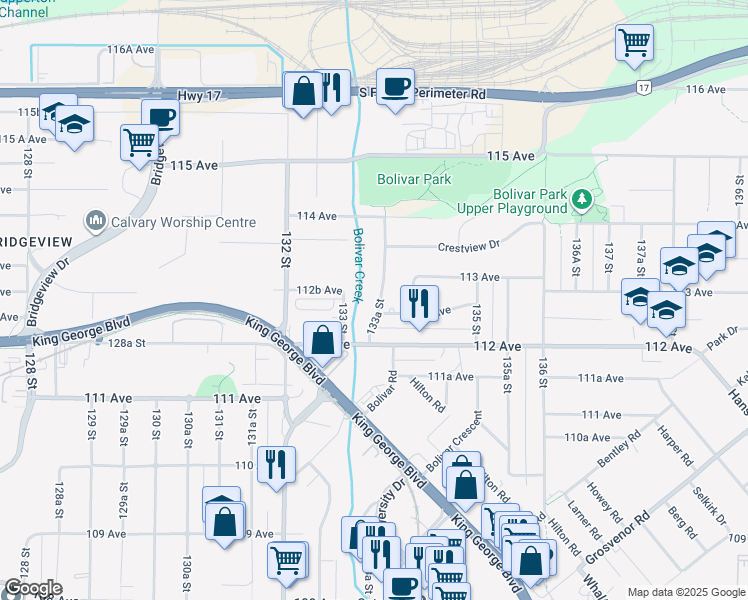 map of restaurants, bars, coffee shops, grocery stores, and more near 11265 133A Street in Surrey