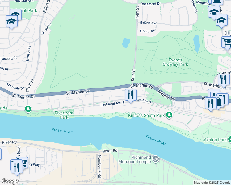 map of restaurants, bars, coffee shops, grocery stores, and more near 3061 East Kent Avenue North in Vancouver
