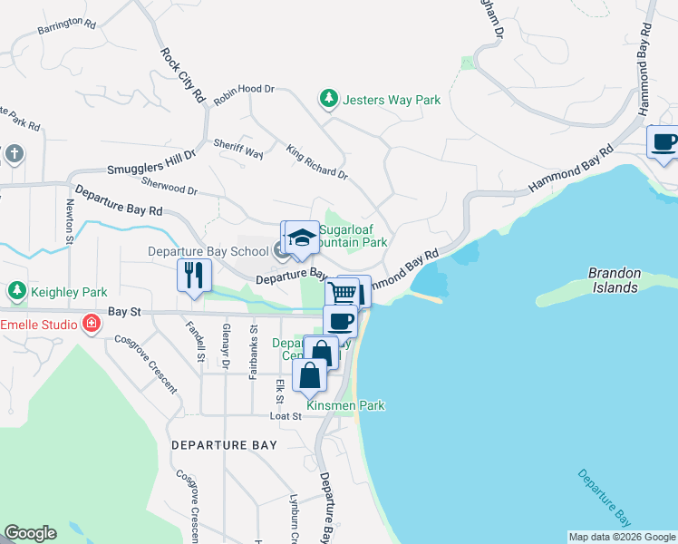 map of restaurants, bars, coffee shops, grocery stores, and more near 1460 Sherwood Drive in Nanaimo