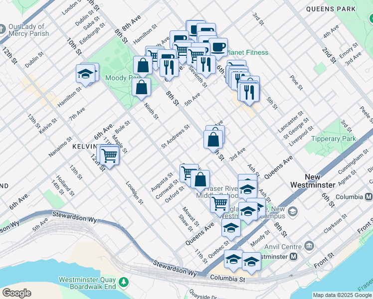 map of restaurants, bars, coffee shops, grocery stores, and more near 403 Ninth Street in New Westminster