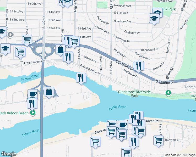 map of restaurants, bars, coffee shops, grocery stores, and more near 1880 East Kent Avenue South in Vancouver