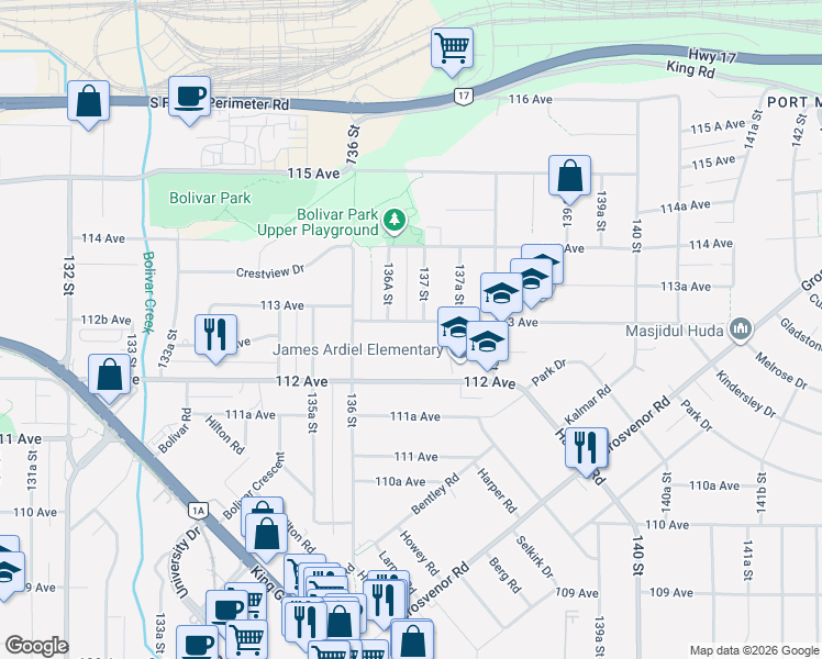 map of restaurants, bars, coffee shops, grocery stores, and more near in Surrey