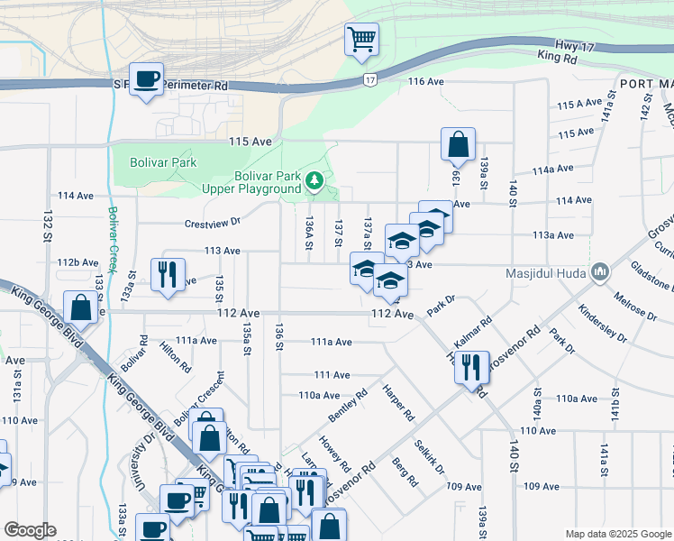 map of restaurants, bars, coffee shops, grocery stores, and more near 13698 113 Avenue in Surrey