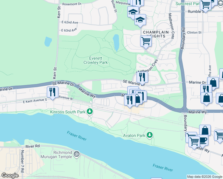 map of restaurants, bars, coffee shops, grocery stores, and more near 3360 Cobblestone Avenue in Vancouver