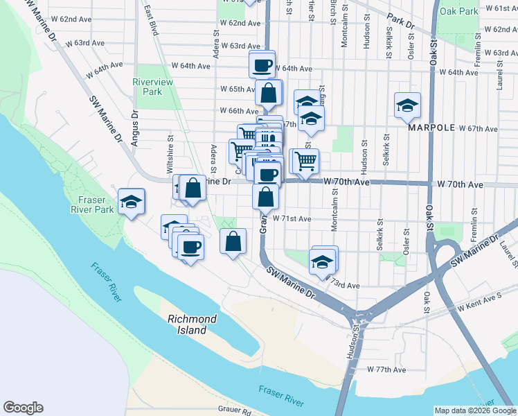 map of restaurants, bars, coffee shops, grocery stores, and more near 8677 Granville Street in Vancouver
