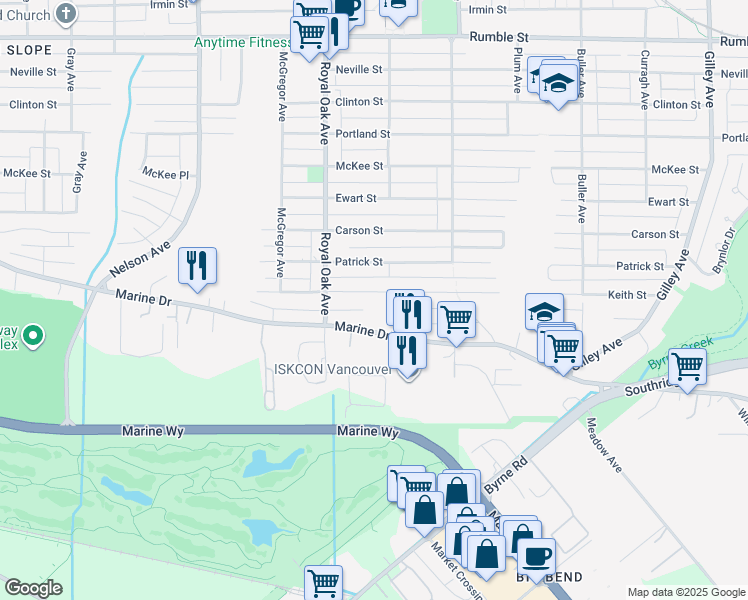 map of restaurants, bars, coffee shops, grocery stores, and more near 5350 Keith Street in Burnaby