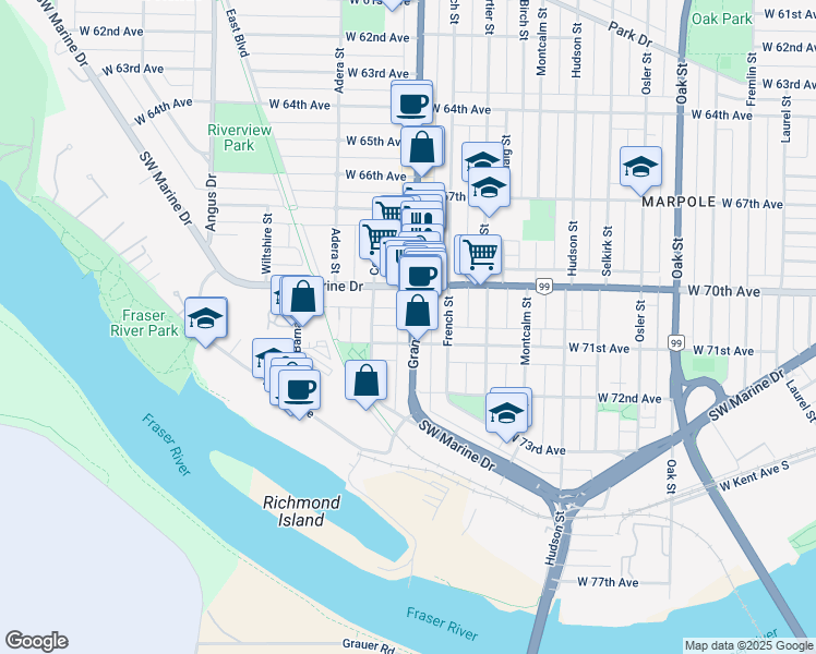 map of restaurants, bars, coffee shops, grocery stores, and more near 8677 Granville Street in Vancouver