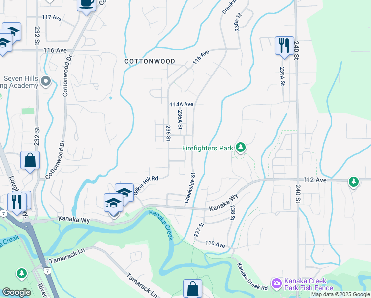 map of restaurants, bars, coffee shops, grocery stores, and more near 11279 Creekside Lane in Maple Ridge