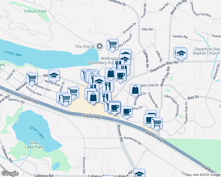 map of restaurants, bars, coffee shops, grocery stores, and more near 3185 Barons Road in Nanaimo