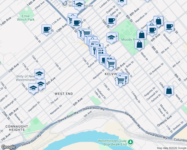 map of restaurants, bars, coffee shops, grocery stores, and more near 620 14th Street in New Westminster