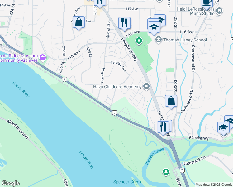 map of restaurants, bars, coffee shops, grocery stores, and more near 11278 Harrison Street in Maple Ridge