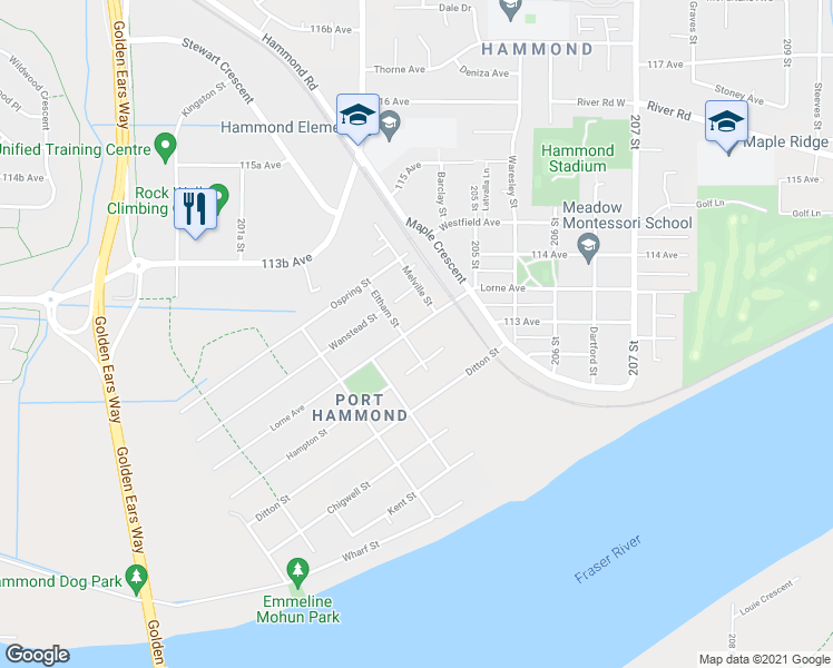map of restaurants, bars, coffee shops, grocery stores, and more near 20366 Lorne Avenue in Maple Ridge