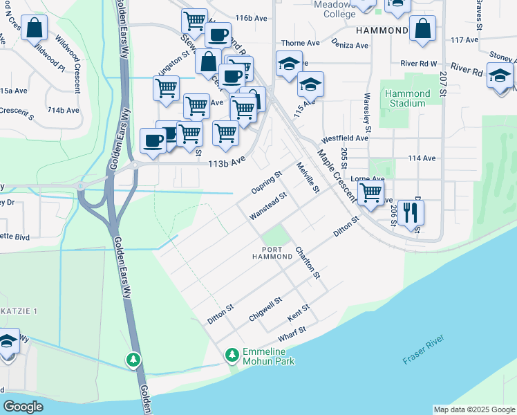 map of restaurants, bars, coffee shops, grocery stores, and more near 20283 Wanstead Street in Maple Ridge