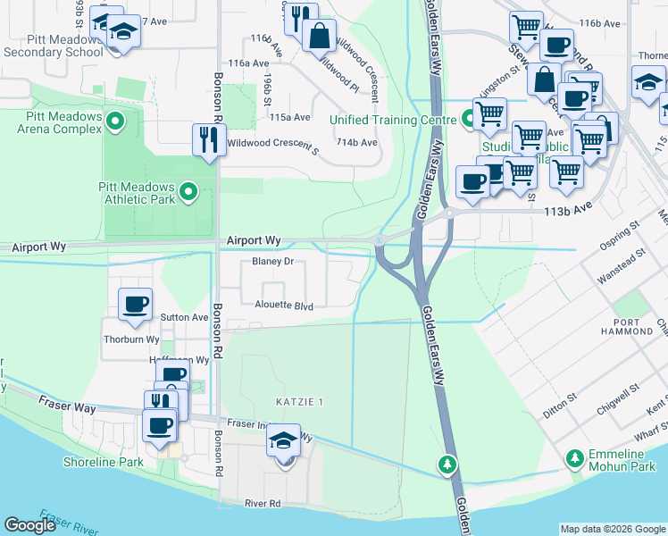 map of restaurants, bars, coffee shops, grocery stores, and more near 11270 Southgate Road in Pitt Meadows