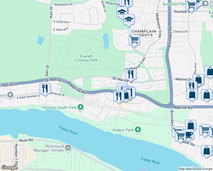 map of restaurants, bars, coffee shops, grocery stores, and more near 3396 Cobblestone Avenue in Vancouver