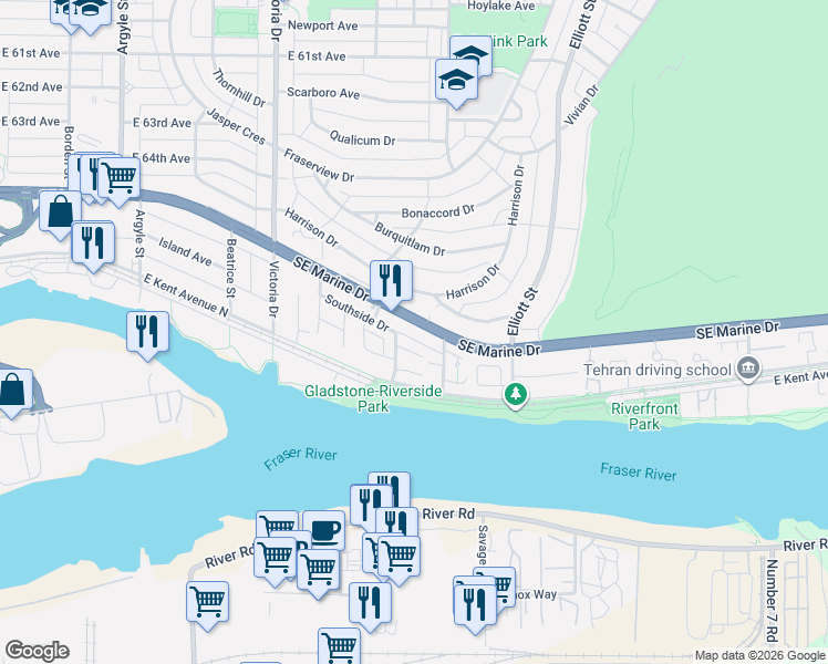 map of restaurants, bars, coffee shops, grocery stores, and more near 2250 Southeast Marine Drive in Vancouver